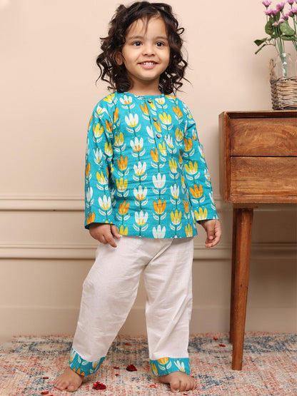 Polka Tots Lotus print Full sleeves Nightwear Kurta pyjama set - Blue