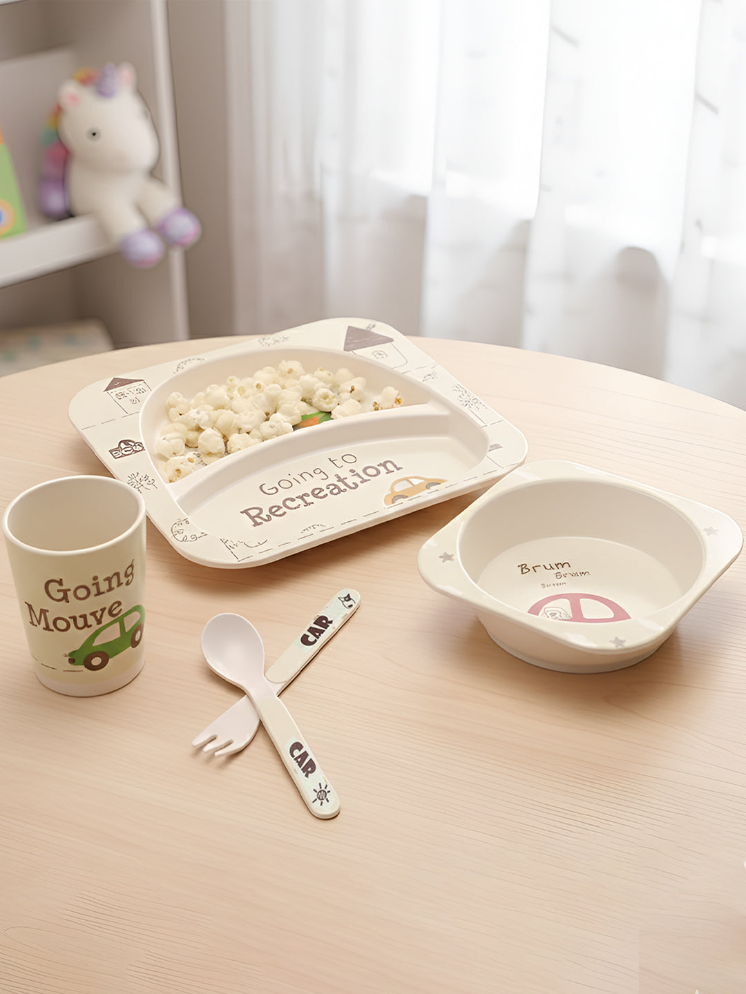 Eco Friendly 5 Pieces Bamboo Fiber Kids Dinner Set (Car)