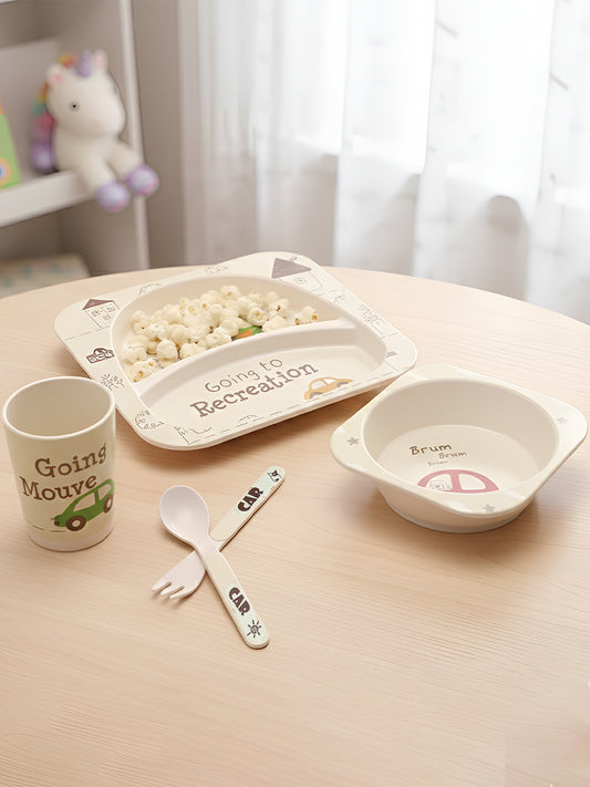 Eco Friendly 5 Pieces Bamboo Fiber Kids Dinner Set (Car)