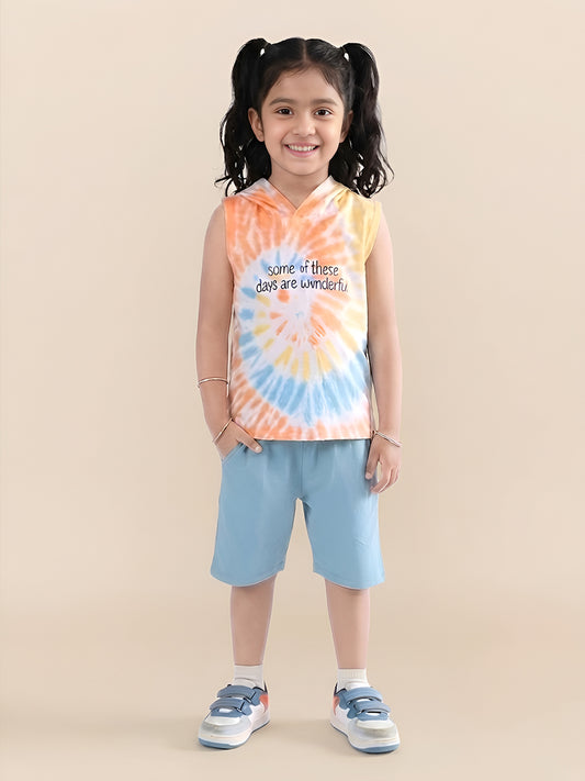 Polka Tots Sleeveless Tie dye print T-Shirt Shorts with attached Hoodie - Multicolor
