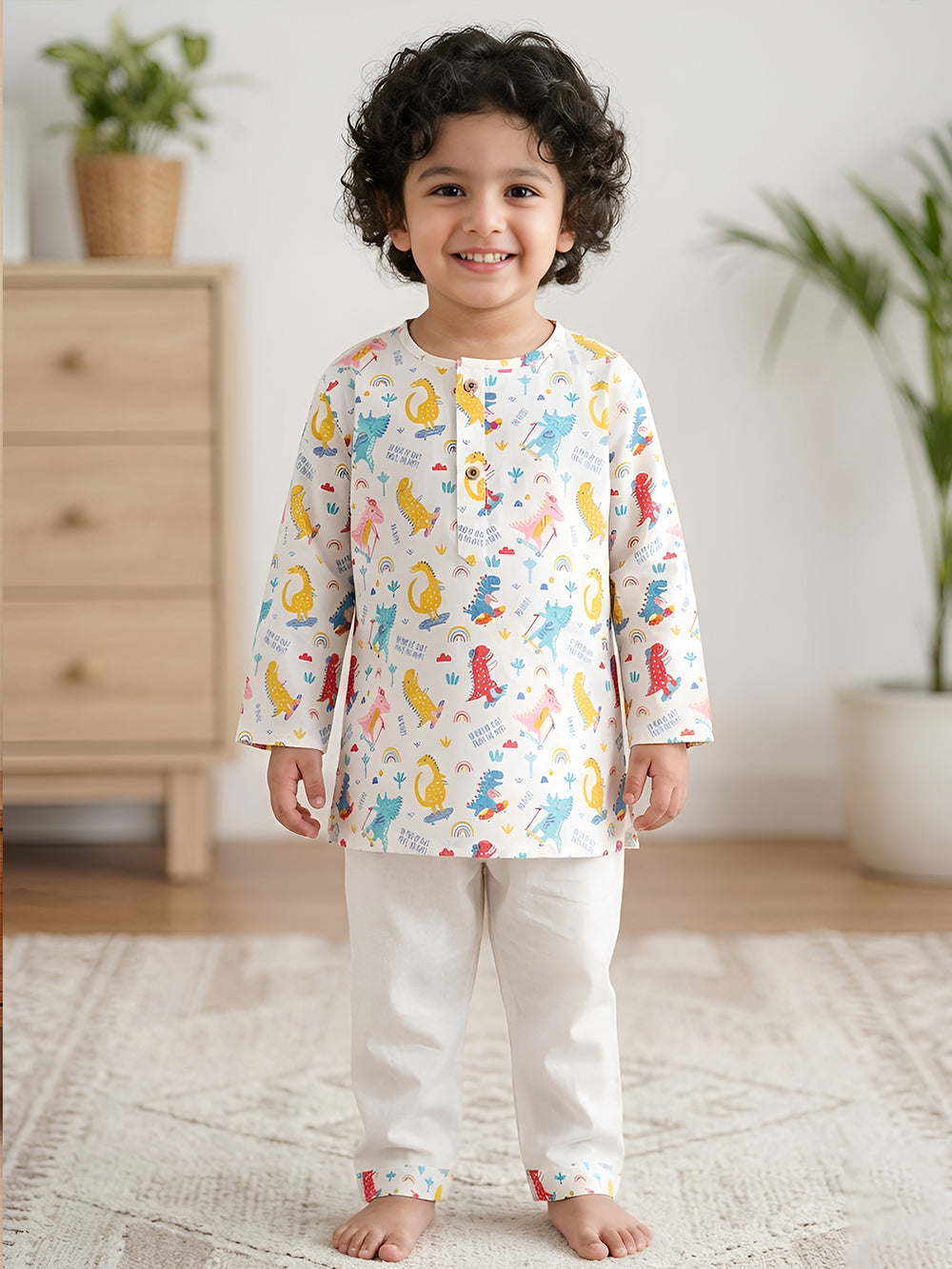 Polka Tots Dinosaur print Full Sleeves Nightwear Kurta pyjama set - White