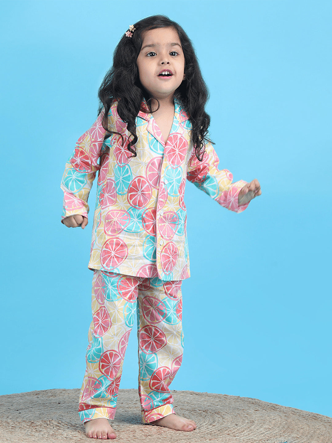 Polka Tots Full sleeves Lemon print Night Suit - Multicolor