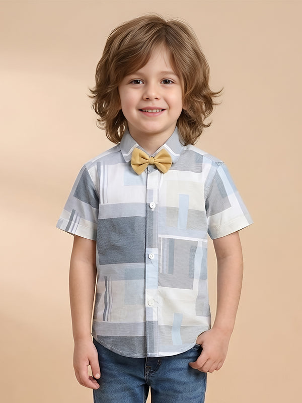 Polka Tots Half Sleeves Shirt with Bow Tie - Grey