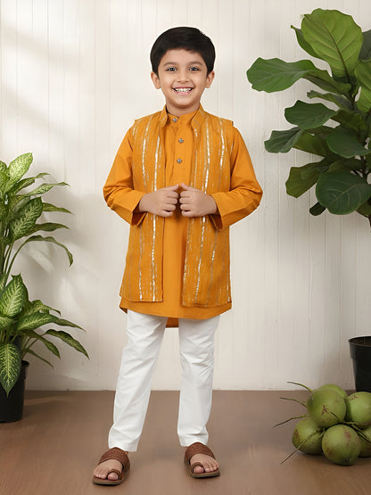 Polka Tots Full Sleeve Ethnic Kurta Pyjama Set with Foil Striped Koti - Orange