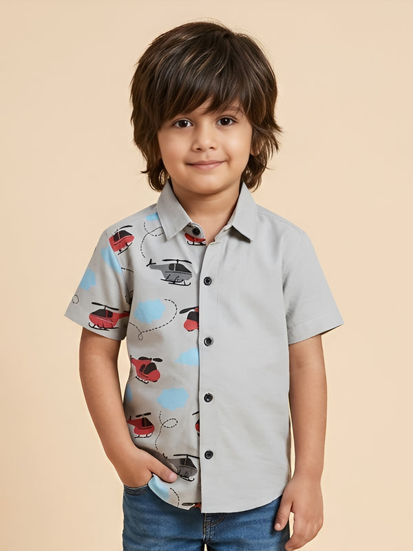 Polka Tots Cotton Regular Fit Half Printed Helicopter Sky Theme Shirt - Grey