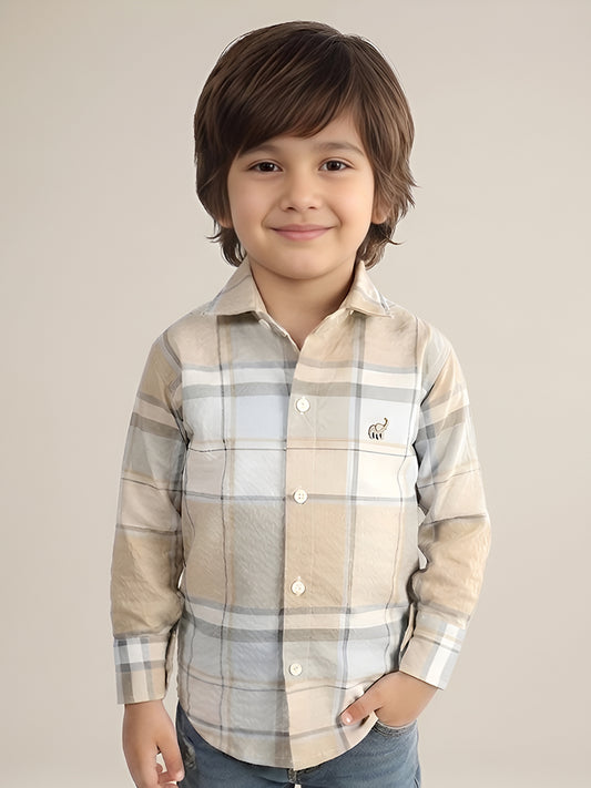 Polka Tots Full Sleeves Checks print Shirt - Beige