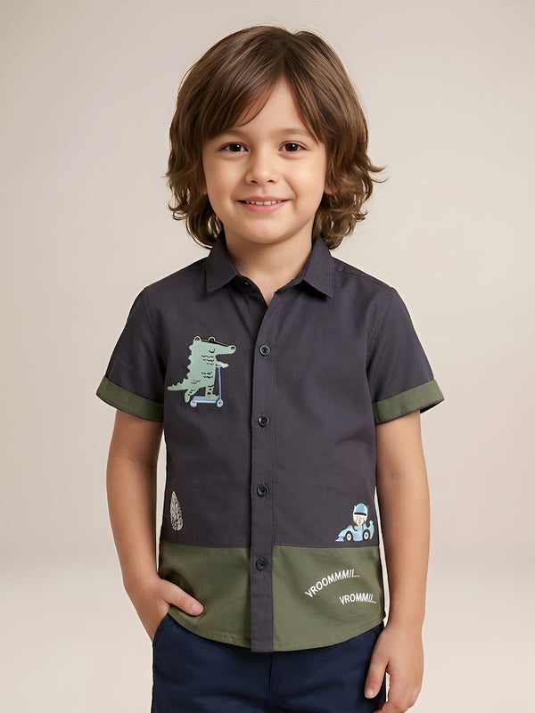 Polka Tots Half Sleeve Shirt 100% Cotton Linen Look Dinosaur Car - Grey