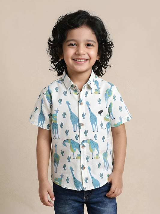 Polka Tots Half Sleeves Animal print Shirt - Blue