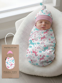 Polka Tots Unicorn print swaddle wrap with Cap - Multicolor