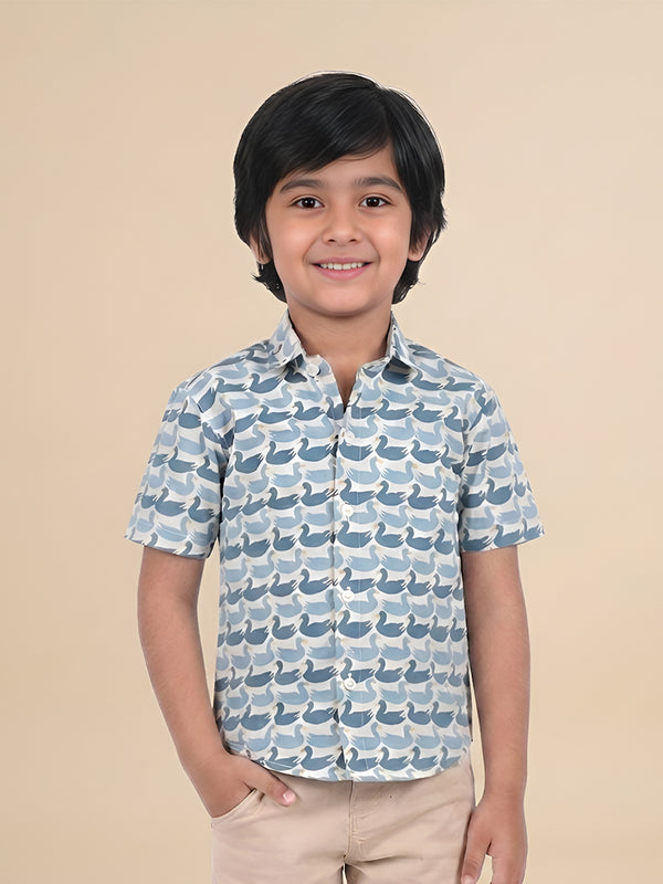Polka Tots Half Sleeves Swan print Shirt - Blue