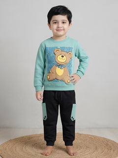 Polka Tots Full Sleeve Teddy Bear Print Co-ord set - Sea green