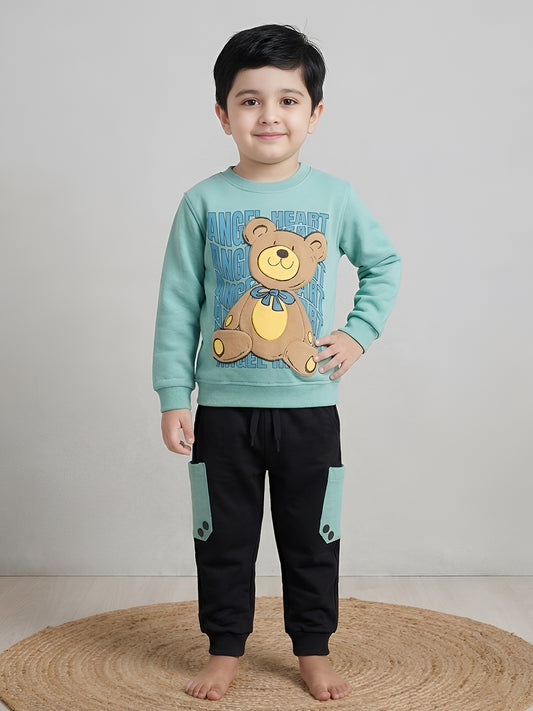 Polka Tots Full Sleeve Teddy Bear Print Co-ord set - Sea green