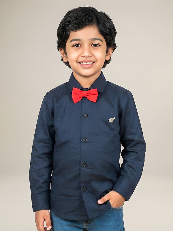 Polka Tots Full Sleeves Solid Shirt With Bow Tie - Navy Blue
