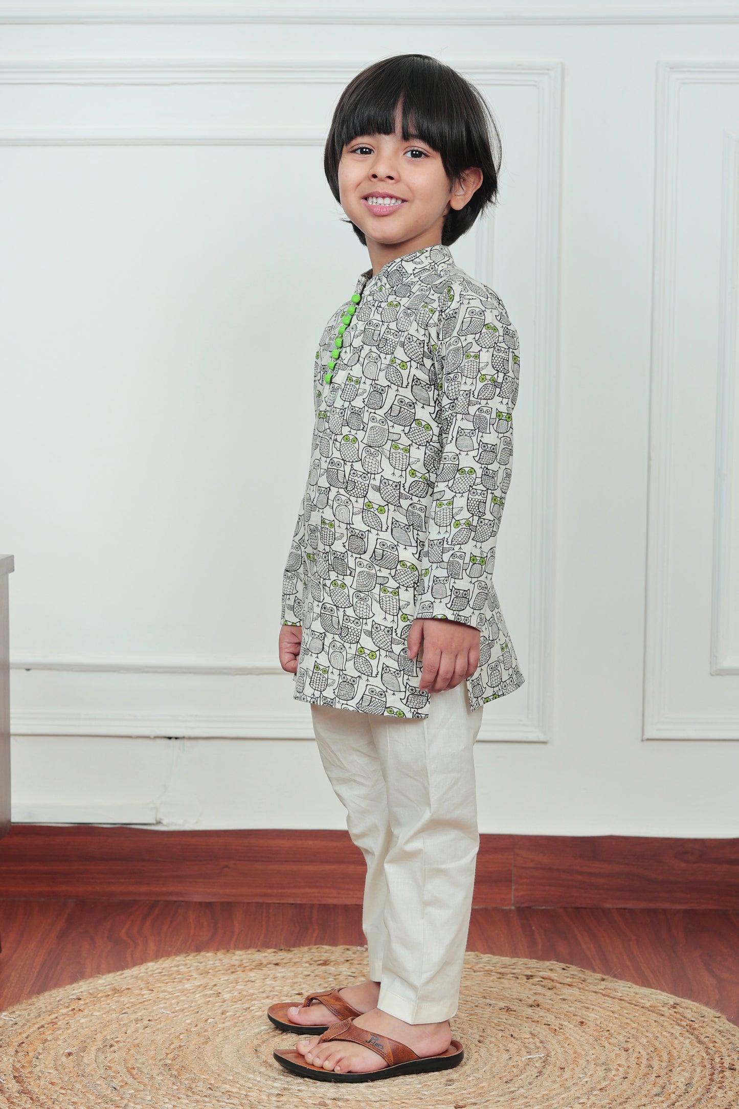 Polka Tots Full Sleeve Owl print Kurta Pyjama Set - Off White