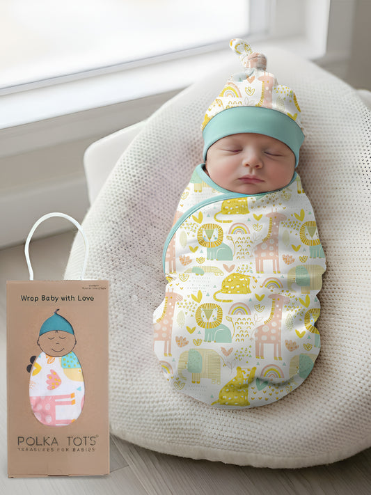 Polka Tots Jungle Print Swaddle wrap with Cap - Multicolor