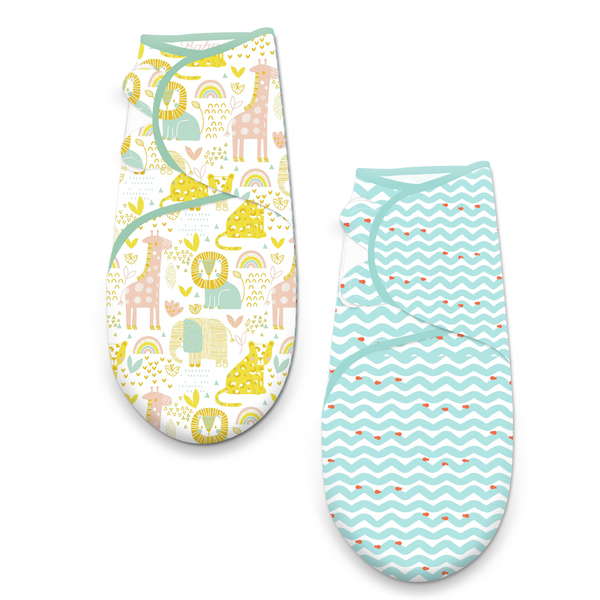 Polka Tots Pack of Two Jungle and Wave print Swaddle Wraps - Multicolor