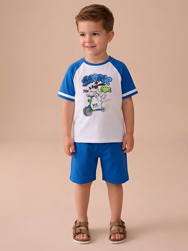 Polka Tots Half Sleeves Scooter Gang print T-Shirt Shorts - White and Blue