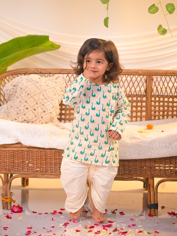 Polka Tots Swan Print Angrakha Top With Dhoti - Green