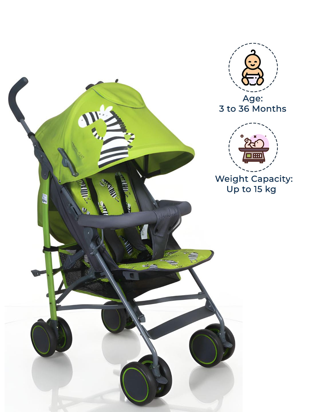 Green baby stroller with zebra pattern on a white background