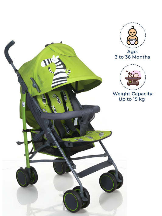 Green baby stroller with zebra pattern on a white background