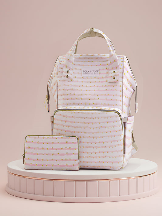Set of bags including a backpack and a pouch with a striped pattern on a pink background