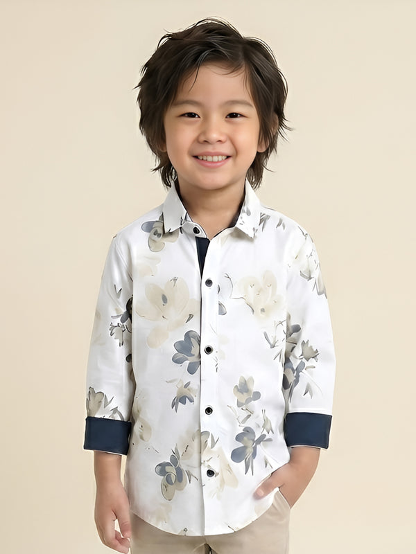 Polka Tots Full Sleeve Shirt yellow Blue Floral Print - White