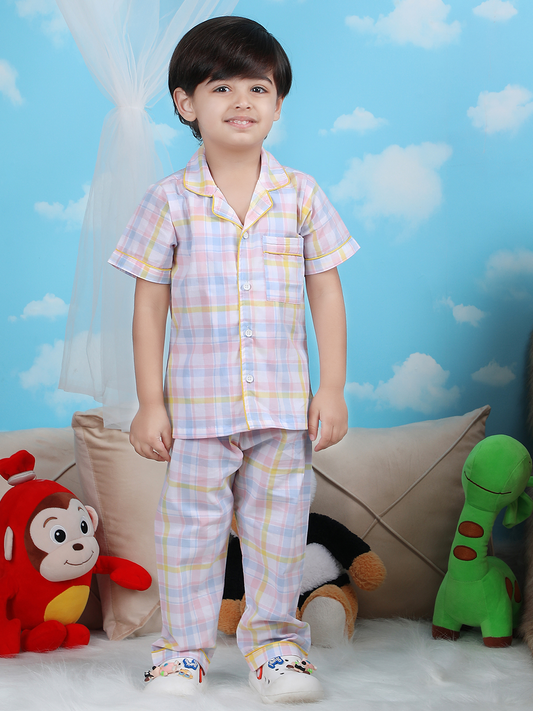 Polka Tots Half sleeves Checkered Night Suit - Pink/Blue