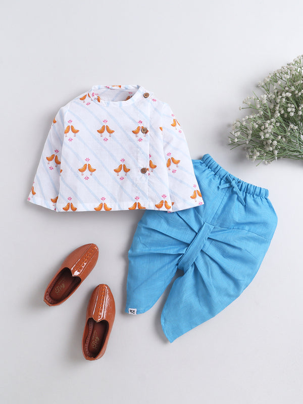 Polka Tots Mithi Chidiya Print Angrakha Top With Dhoti - Blue