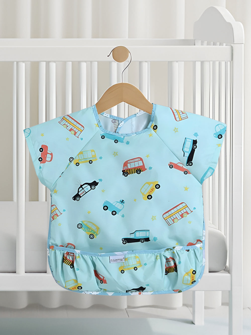 POLKA TOTS Half Sleeve Baby Bibs for Toddlers Feeding Apron with Pocket Washable/Reusable Baby Drooling Apron (Car Design)
