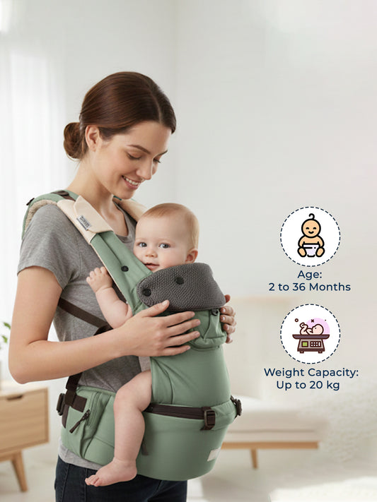 Polka Tots 6-in-1 Hip Seat Baby Carrier with Airbag, Extra Cushioning for C-Section Moms, Waist Belt up to 47 Inches with Lumbar Support (Green)
