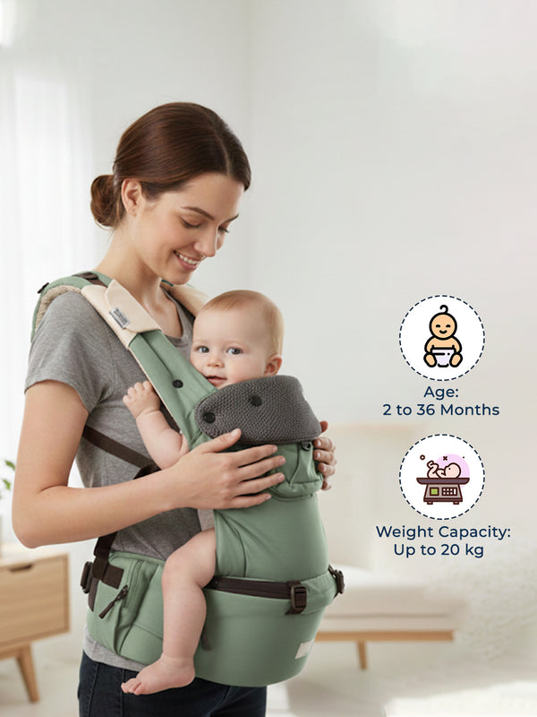 Polka Tots 6-in-1 Hip Seat Baby Carrier with Airbag, Extra Cushioning for C-Section Moms, Waist Belt up to 47 Inches with Lumbar Support (Green)