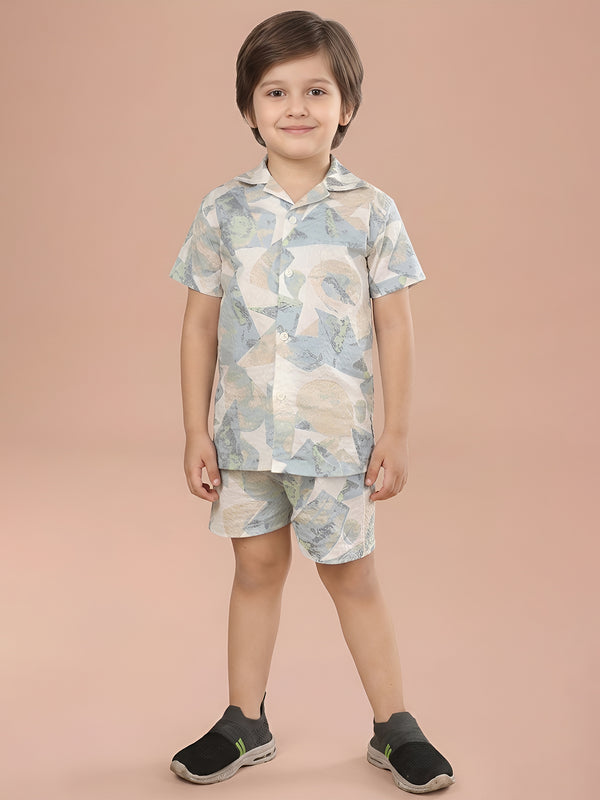 Polka Tots Cotton Half Sleeves Shirt With Shorts/Co-ord - White