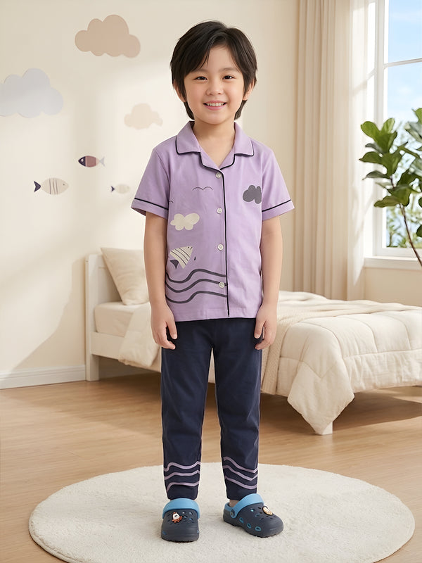 Polka Tots Half sleeves Fish print Night Suit - Purple