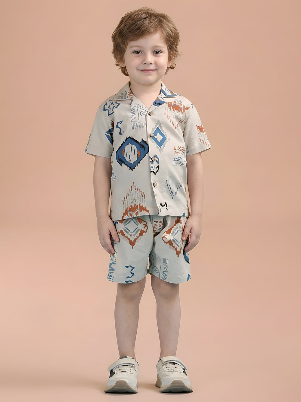 Polka Tots Half Sleeves Abstract print Co-ords - Cream