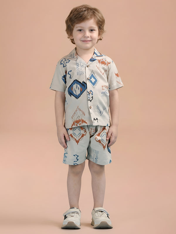 Polka Tots Half Sleeves Abstract print Co-ords - Cream