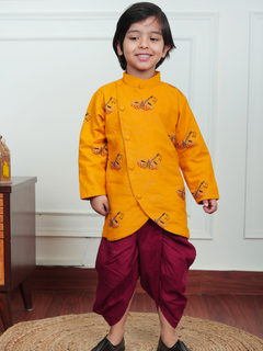 Polka Tots Dhol Shehnai print Angrakha With Dhoti - Yellow