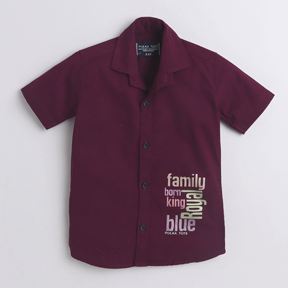 Polka Tots Cotton Regular Fit Half Sleeve Family Born King Metallic Print Shirt - Dark Maroon
