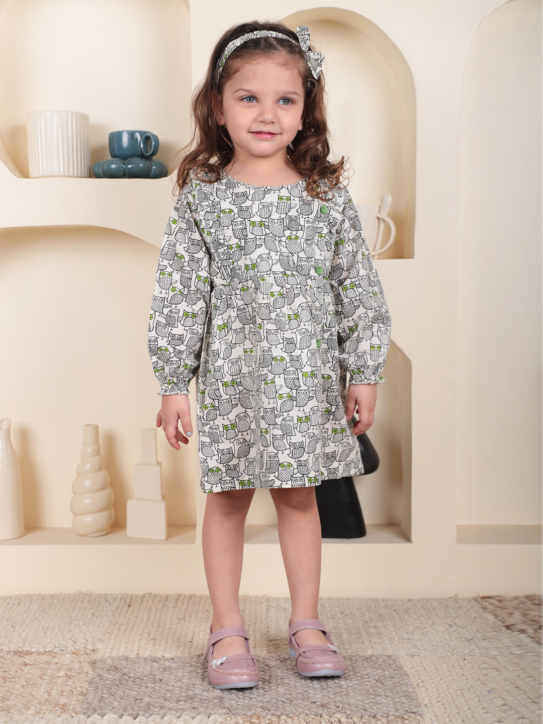 Polka Tots Full sleeve Owl print Frock with Headband - Black
