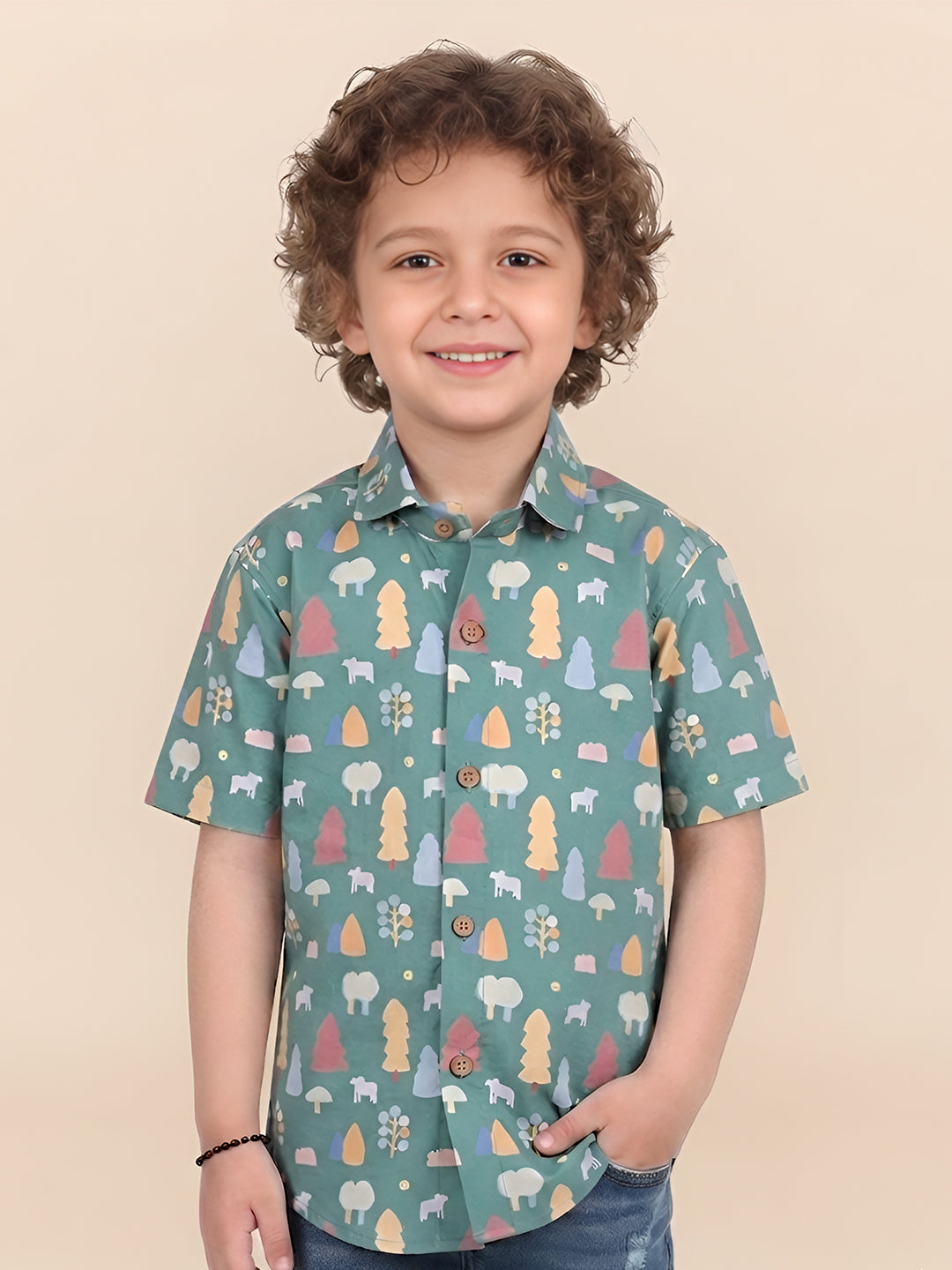 Polka Tots Half Sleeves Trees print Shirt - Dark Green