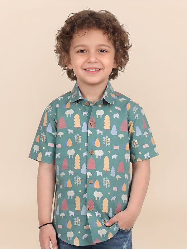 Polka Tots Half Sleeves Trees print Shirt - Dark Green