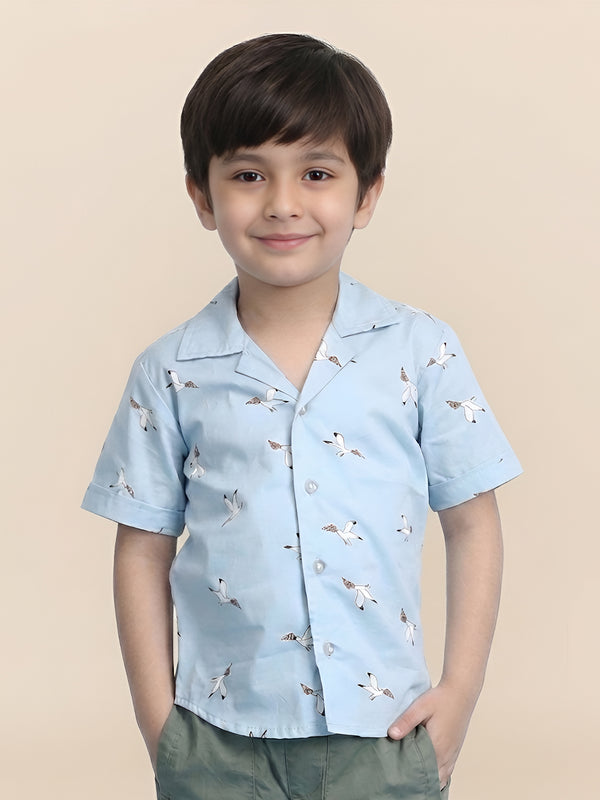 Polka Tots Half Sleeves Birds print Kids Shirt - Blue