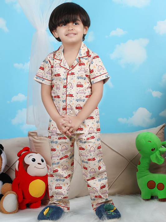 Polka Tots Half sleeves Car print Night Suit - Yellow