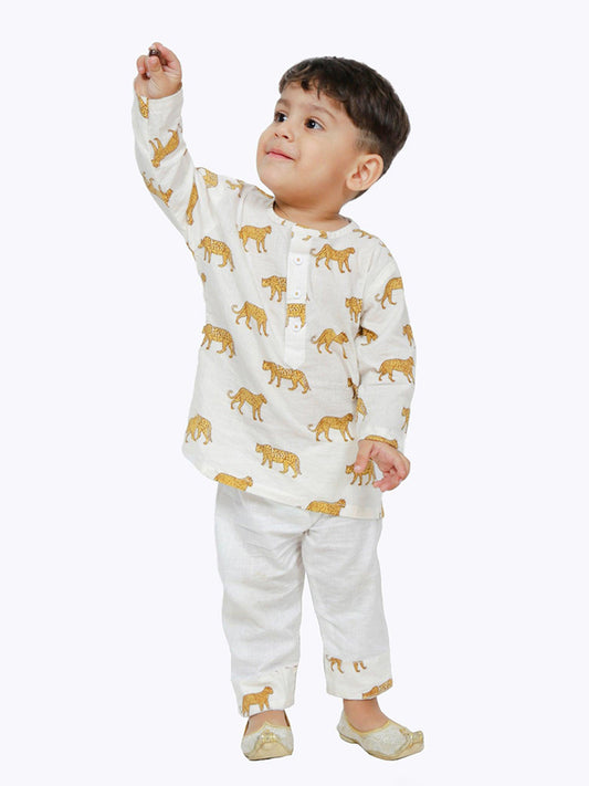 Polka Tots Leopard print Full sleeves Nightwear Kurta pyjama set - White