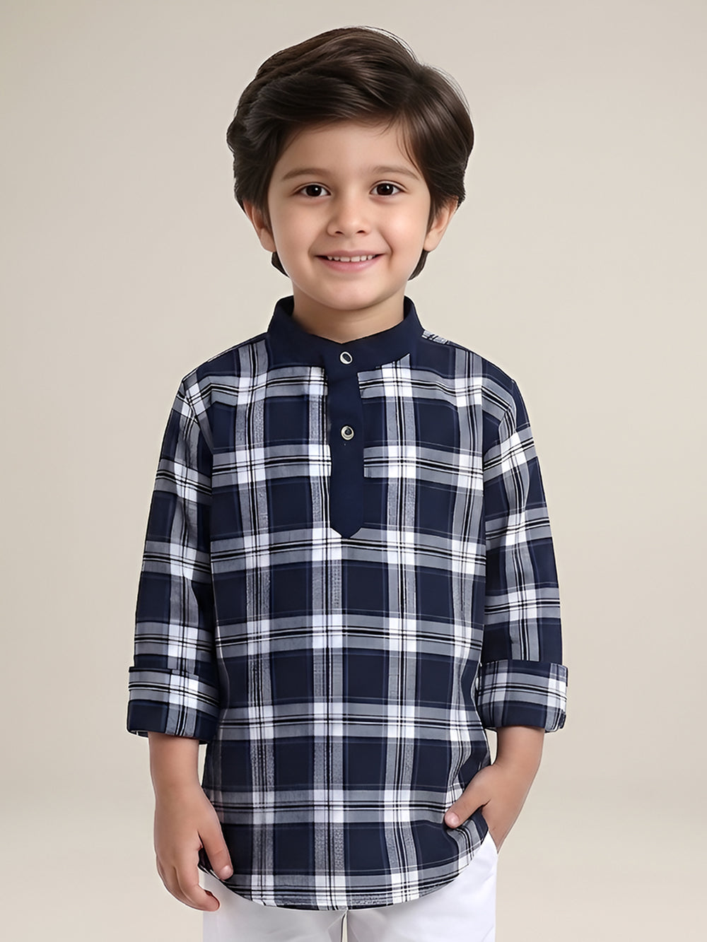Polka Tots Full Sleeves Checks Shirt Style Kurta - Indigo