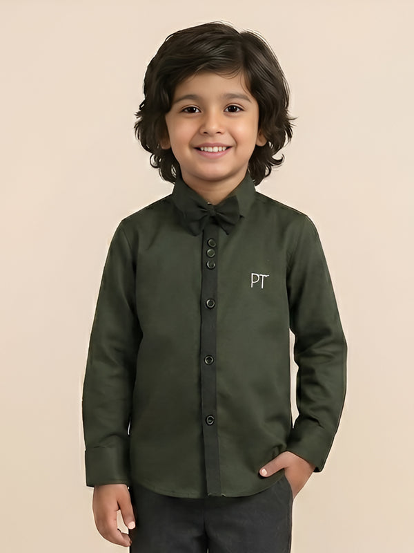 Polka Tots Full Sleeve Party Wear Reverse Collar Placket With Bow Tie Shirt - Green