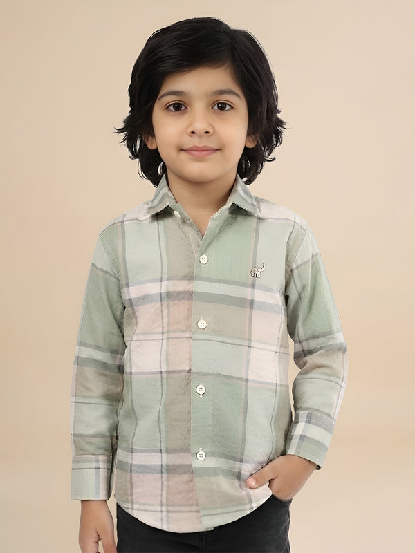 Polka Tots Full Sleeves Checks print Shirt - Green