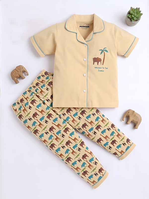 Polka Tots Half sleeves Jungle Club Print Night Suit - Multicolour