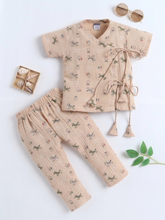 Polka Tots Wrinkled Muslin Cotton Doodle Print Kediya Jhabla & Pant Set - Brown