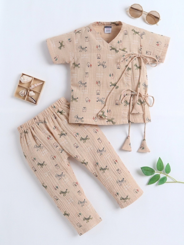 Polka Tots Wrinkled Muslin Cotton Doodle Print Kediya Jhabla & Pant Set - Brown