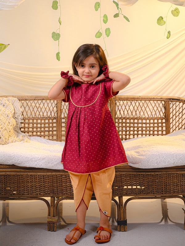 POLKA TOTS Girls Festive Golden Foil Print Kurta Dhoti Set – Dark Pink